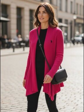 U.S. Polo Assn. Hot Pink Open-Front Ribbed Cardigan